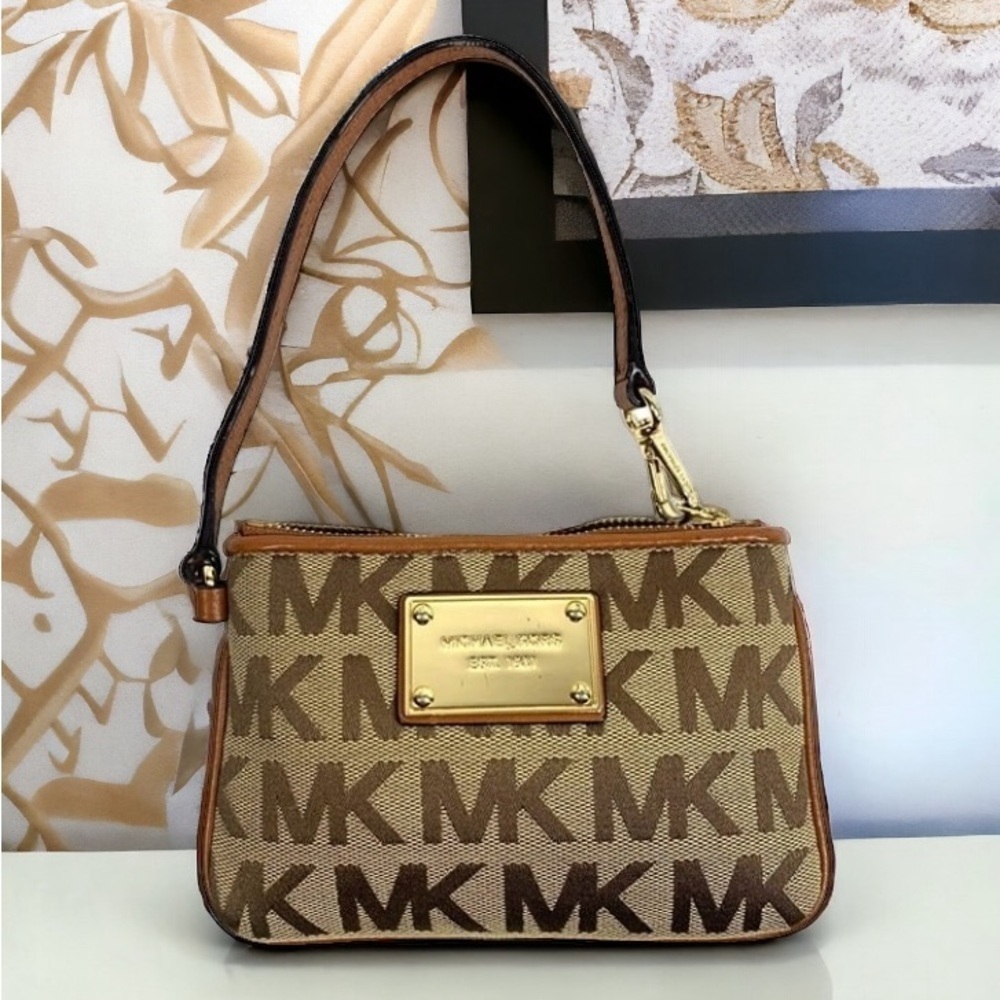 Michael Michael Kors Jet Set Wristlet Wallet Brown Canvas Leather Trim 6"x4"